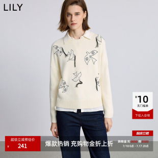 LILY2025冬新款女装设计感幸运鸽刺绣流苏加厚白色针织衫套头毛衣