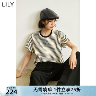 女装 LILY2024夏新款 百搭宽松舒适透气条纹短袖 休闲通勤款 T恤 时尚