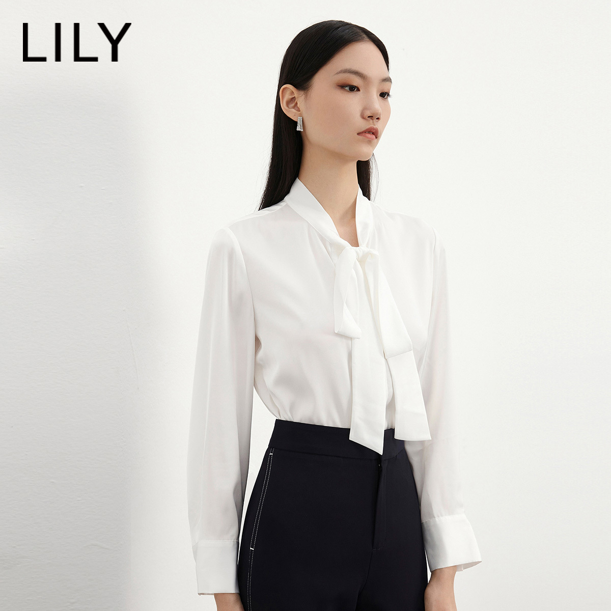 【商场同款】LILY秋季新款女装法式蝴蝶结宽松长袖雪纺白衬衫