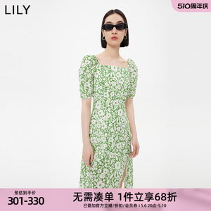 LILY夏新款女装复古别致女神范方领气质泡泡袖高腰连衣裙女