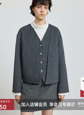 100%羊毛LILY2025冬新款女装格雷系假两件无领双面呢灰色毛呢外套