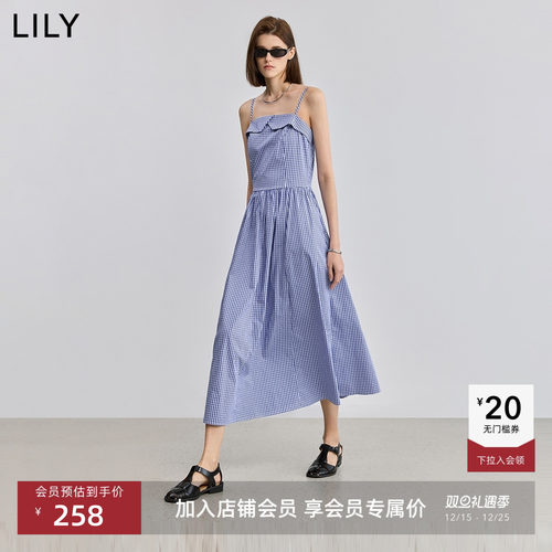 LILY收腰设计感格纹吊带裙
