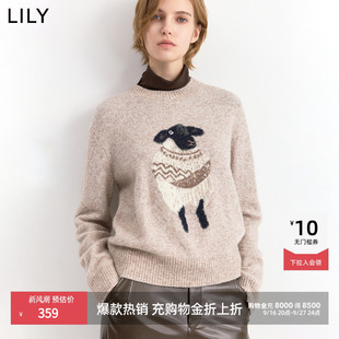 李沁代言LILY2026冬新款复古费尔岛小羊嵌花圆领套头针织衫毛衣女