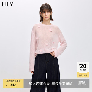 立体花朵浅粉色针织衫 LILY2026春新款 罩衫 羊毛上衣薄款 毛衣 女装