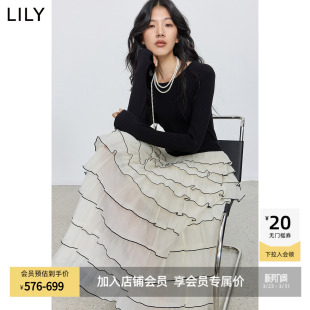 网纱连衣裙气质通勤蛋糕长裙女 醋酸高腰修身 LILY2026冬新款 法式