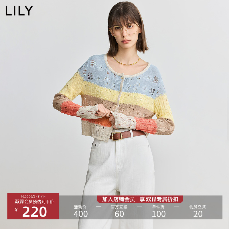 LILY莱赛尔彩色圆领镂空针织衫