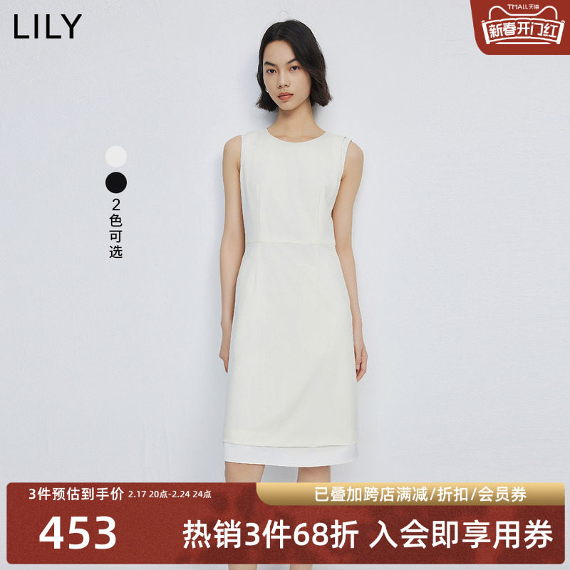 LILY2024春新款女装绵羊毛复古优雅温柔气质中长款连衣裙小个子女