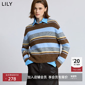 LILY2025冬新款 羊毛羊驼毛混纺复古撞色条纹加厚加绒针织衫 毛衣女