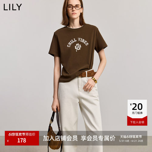 LILY通勤四叶草女装圆领印花短袖