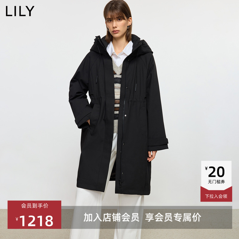 LILY通勤抽绳连帽长款羽绒服外套