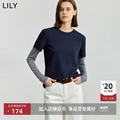 商场同款 LILY2025秋新款 女装 含莱赛尔假两件条纹通勤长袖 T恤