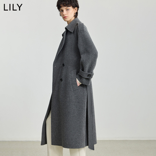 100%羊毛LILY2025冬新款女装格雷系气质通勤腰带毛呢大衣外套长款