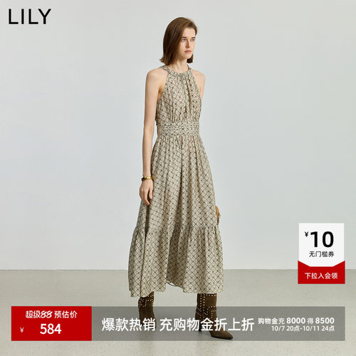 LILY复古老花收腰桑蚕丝连衣裙