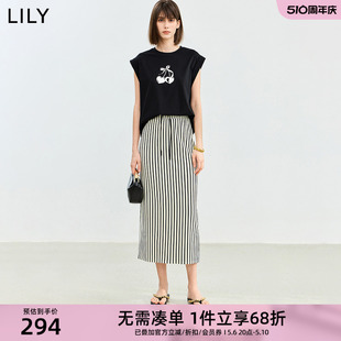 LILY2024夏新款 条纹松紧腰显瘦垂坠感气质直筒半身裙 复古时尚 女装