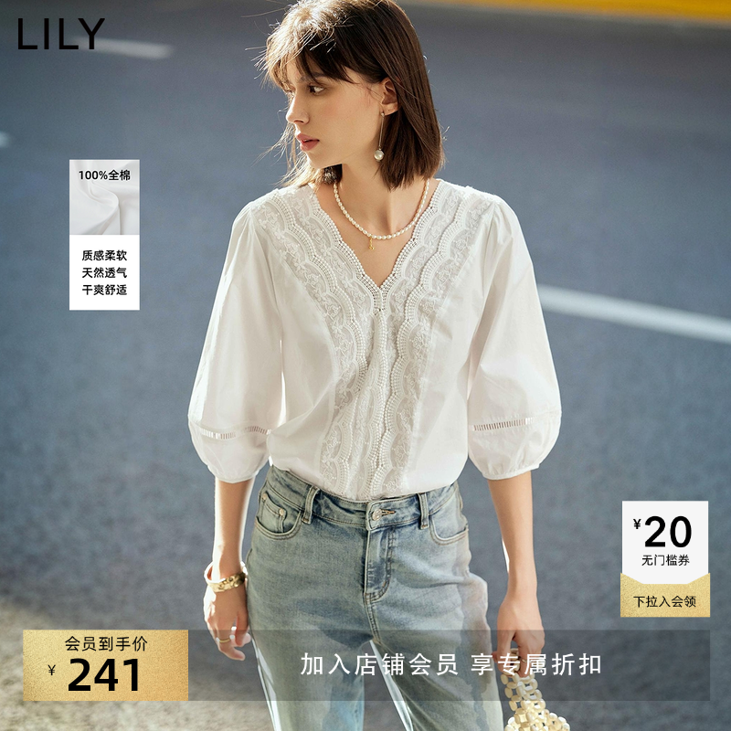 LILY初秋新款女装全棉法式掐腰蕾丝白色上衣泡泡短袖套头雪纺衬衫