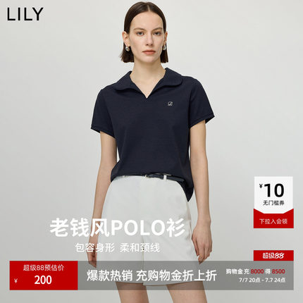 LILY2026夏新款女装莫代尔醋酸混纺复古老钱风剪刀领通勤短袖T恤