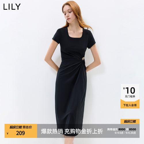 LILY方领收腰不对称纯色连衣裙