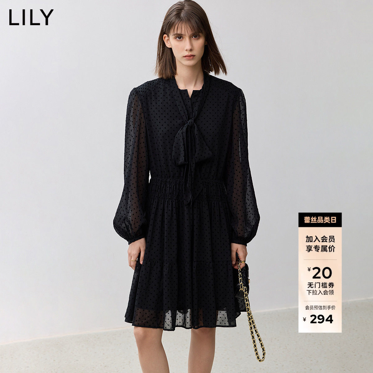 【商场同款】LILY新款复古波点飘带垂感收腰连衣裙女小黑裙