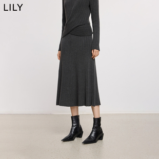 LILY2025冬新款含羊毛格雷系气质通勤深色针织半身裙百褶裙女长裙