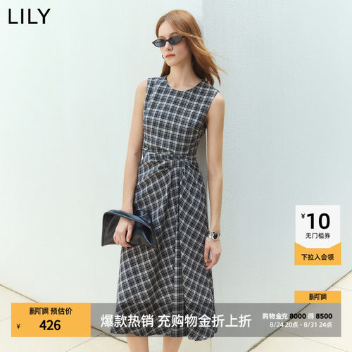 LILY格纹收腰无袖设计感连衣裙