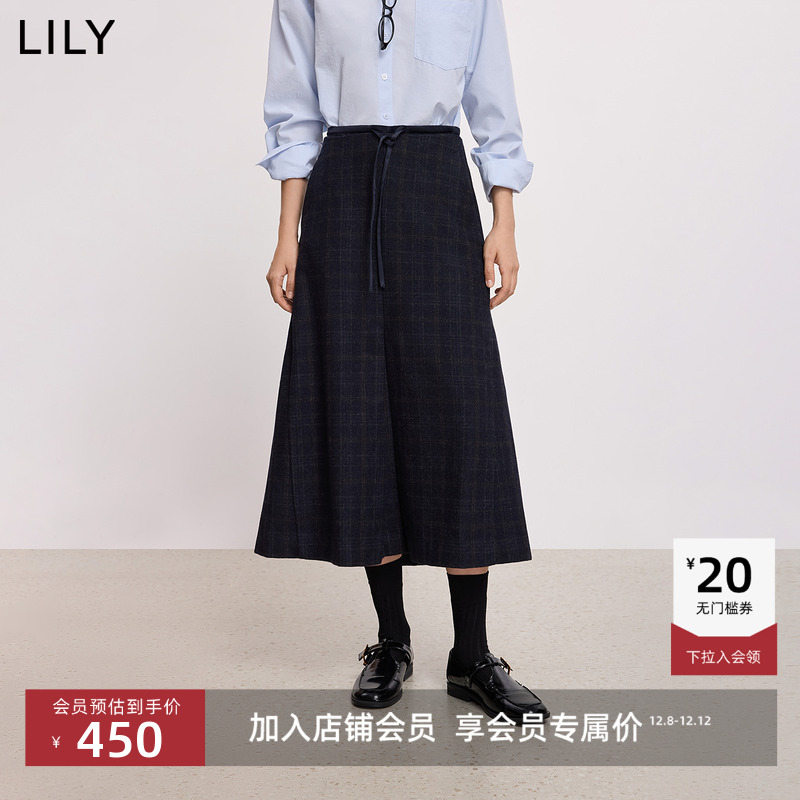 LILY羊毛混纺毛呢格纹高腰半身裙