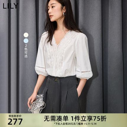 LILY2024夏新款女装法式重工花边V领全棉白色泡泡袖雪纺衫衬衫女