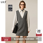 LILY磨毛含绵羊毛V领贝壳绣无袖 百搭通勤直筒连衣短裙冬新款