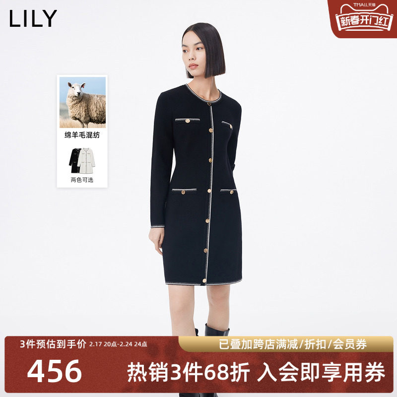 LILY2023冬新款女装含绵羊毛复古小香风通勤修身针织连衣裙小个子