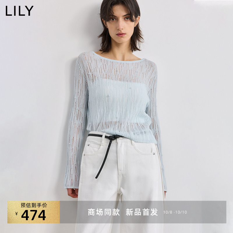 LILY莱赛尔亚麻混纺镂空针织衫
