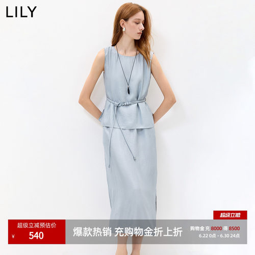 100%醋酸LILY2026夏新款法式假两件收腰气质通勤无袖圆领连衣裙女