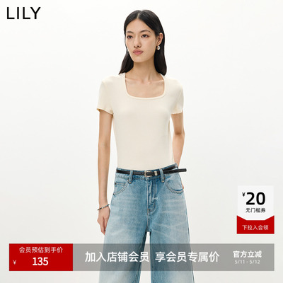 LILY通勤方领收腰百搭纯色短袖