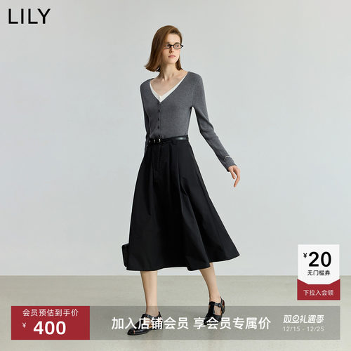 LILY通勤假两件混纺长袖连衣裙