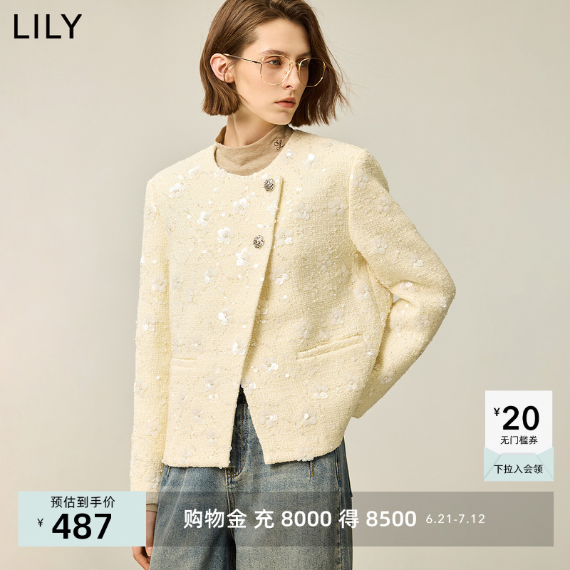 LILY2024秋新款女装优雅斜襟小香风立体提花肌理感通勤短外套女款