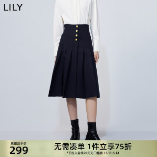 LILY2024春新款女装复古赫本风显瘦百褶气质高腰A字半身裙小个子