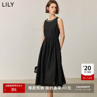 小黑裙LILY2025新款法式通勤休闲钉珠圆领无袖收腰连衣裙女长裙