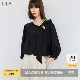 宽松雪纺衫 LILY2026新款 上衣七分袖 飘带领设计感抽褶泡泡袖 女 法式
