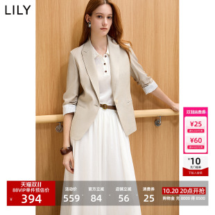 LILY2026夏新款女装莱赛尔亚麻混纺老钱风抽褶七分袖通勤西装外套