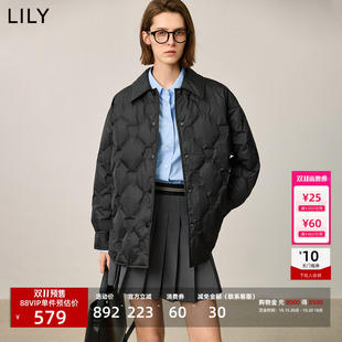 【天猫预售】LILY女经典菱格纹衬衫领90鸭绒黑色羽绒服外套中长款