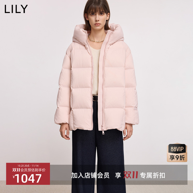 三防鹅绒服LILY2025冬新款蓬松连帽宽松通勤纯色泡芙羽绒服外套女