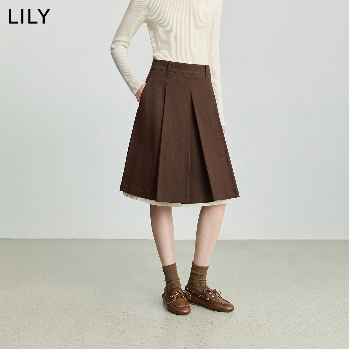 【商场同款】LILY2025冬新款复古撞色气质通勤深色百褶裙半身裙女