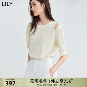 LILY2024夏季新品设计感露肩重工立体花卉短袖纯色针织衫女小上衣