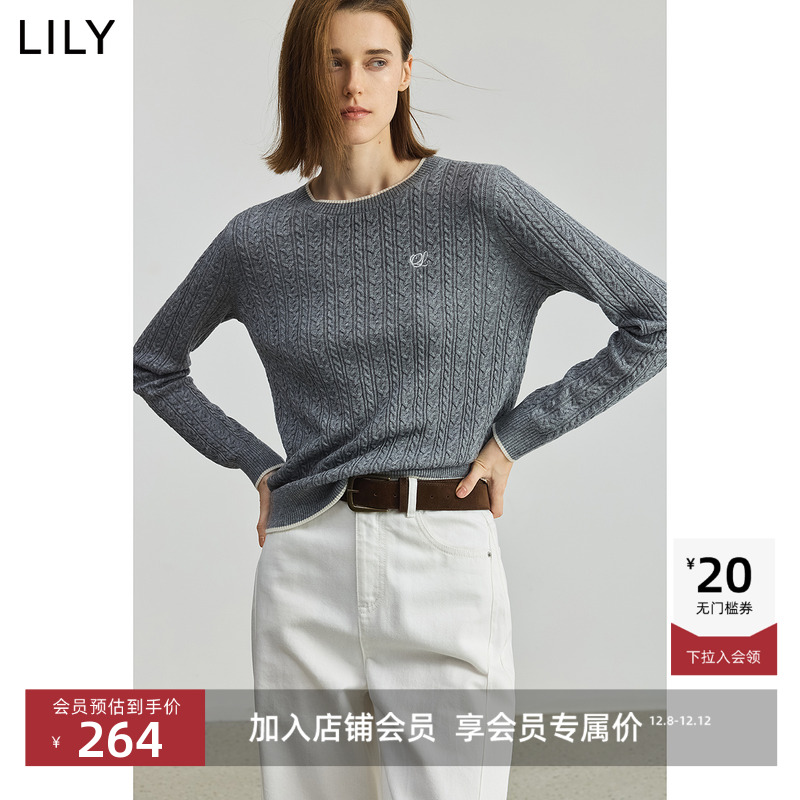 LILY休闲格雷系绞花通勤针织衫
