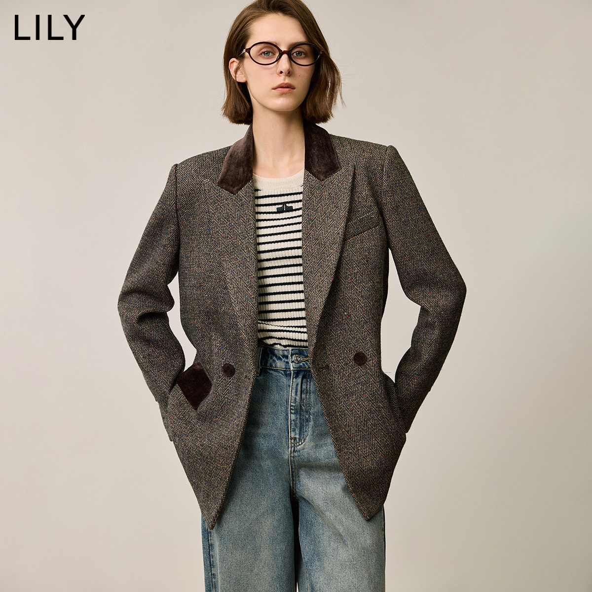 LILY2025冬新款含羊毛复古美拉德彩点丝绒收腰气质通勤西装外套女