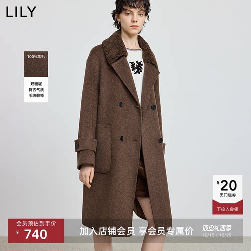 LILY复古气质毛绒翻领毛呢外套