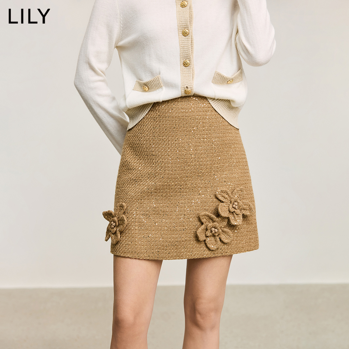 【商场同款】LILY2024冬新款女装新中式氛围感金色花纱半身裙短裙