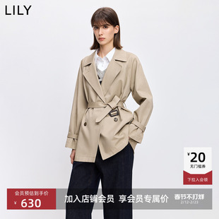 LILY2026春新款老钱风女装上衣翻领休闲通勤收腰风衣外套女中长款