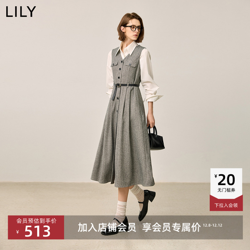 LILY通勤收腰复古无袖马甲连衣裙