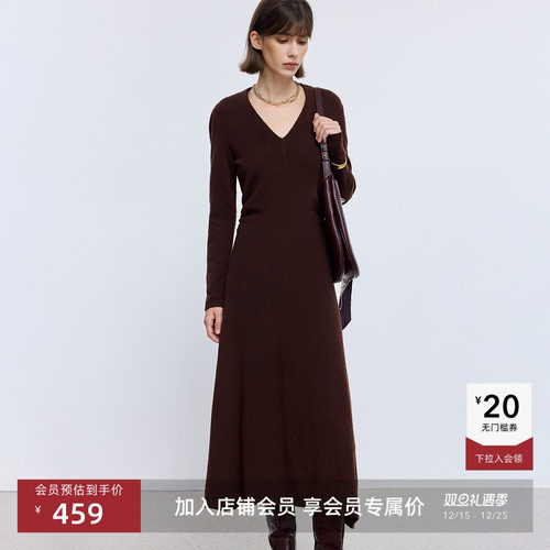 LILY长袖复古花纱深色收腰连衣裙