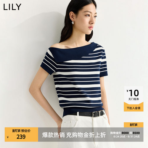 LILY斜肩通勤藏青色短款针织衫衣
