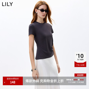 LILY2026秋新款莱赛尔混纺简约正肩不对称收腰休闲通勤短袖T恤女
